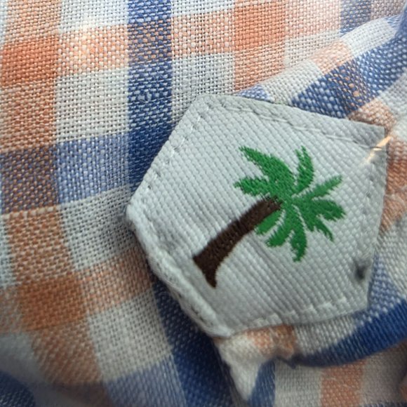 Mens Cremeux Classics Blue White & Orange Checkered Shirt 100% Linen Size M - Picture 8 of 9